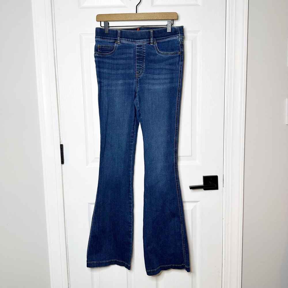 Spanx Flare Jeans Women Medium Tall Blue Good Stretch Pull On Flare Leg